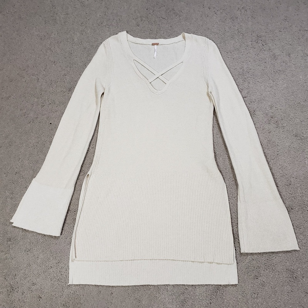 Free‎ People Criss Cross Tunic Sweater Cream XS Knit V-Neck Pullover Boho Winter